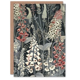 Artery8 Greeting Card Dark Foxglove Forest Flowers Artwork Grey Floral For Her Woman Birthday Card