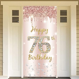 76th Birthday Decoration Women, Happy 76th Birthday Door Banner Rose Gold, 76th Birthday Fabric Sign Poster Door Decoration, 76th Birthday Background Banner Ladies, Birthday Party Welcome Sign
