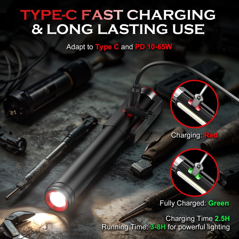 Pen Light Flashlight, 800 Lumens LED Pen Flashlights Rechargeable 6
