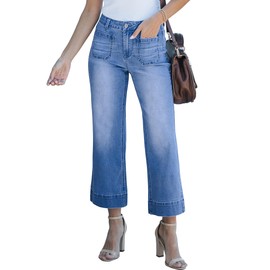 luvamia Wide Leg Jeans for Women Trendy High Waisted Flare Jeans Cropped Denim Pants Stretchy Baggy with Patch Pockets Women High Waisted Jeans Womans Pants Classic Blue Size Xx-Large Size 20 Size 22