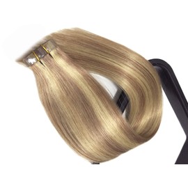 20 inch Tape in Hair Extensions Remy Human Hair Golden Brown with Blonde Balayage Highlights 20pcs 50g/pack Long Silky Straight Real Hair Seamless Skin Weft Invisible Double Sided Tape ons Glue in