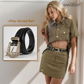 EMOTTOS Women's Vintage Leather Belt - Carving Buckles Belt Western Cowboy Cowgirl for Women Belt with Exquisite Carving Retro Buckle for Jeans Dress Dress, A-gold