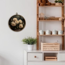 dvhdajed Vintage Moody White Peony Floral Round Wall Art Decor, Dark Academia Floral Framed Canvas Art, Rustic Cottagecore Flower Round Wall Hanging Decor for Home Bedroom Living Room, 10x10 Inch