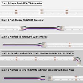 PAUTIX 12mm Connectors for RGBW COB LED Strip Light,5-Pin Solderless Terminal Connection Kit,Dual-End Extension Connector,L-Shaped/Corner Connector,Strip to Wire Connector,Gapless Connector