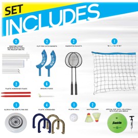 Franklin Sports Yard Games Combo Set - Volleyball/Badminton Net, 2 Player Badminton Set, Volleyball, Horsehoes Set, Flying Disc, Flip Toss