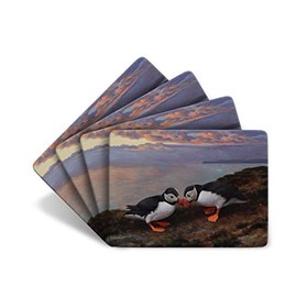 Julian Friers Puffins Beak Bashing Large Table Mats by Wildlife Artist Set of 4 - Non-slip - Cork-backed Placemat Set