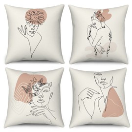 Boho Cushion Cover 40 x 40 cm Set of 4 Modern Abstract Art Girls Face Body Sofa Cushion Cover Decorative Cushion Covers Washable Polyester Flax Textile Outdoor Cushion Pillowcase