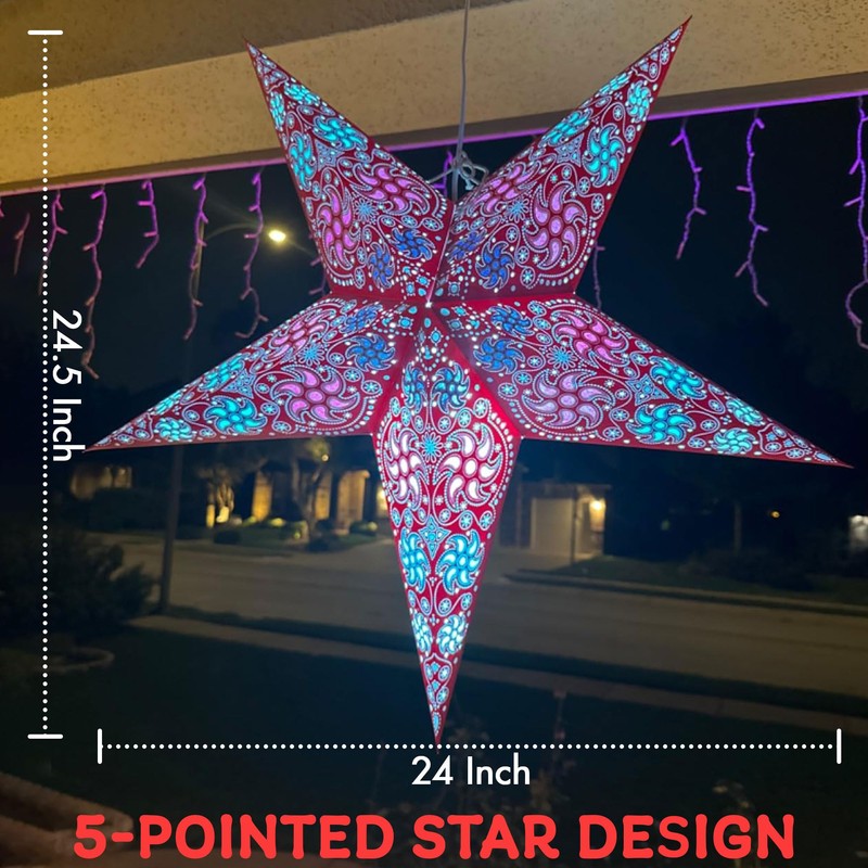 GalaxyArts Paper Star Lanterns, 24 Inch Red Chakra 3D Light-Up