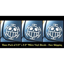 Signage Cafe Jolly Roger Trafalgar Law - Three 3.5" White Decals Mirrored Boat Truck Windows