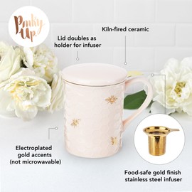 Pinky Up Annette Ceramic Tea Cup with Infuser and Lid, Travel Mug for Loose Leaf Teas, Home Office, Camping, Picnic Party, 12 oz, Set of 1, Honeycomb