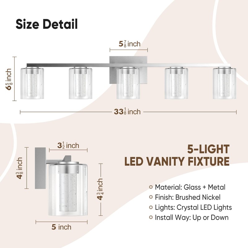LED Modern Bathroom Light Fixtures Over Mirror, 5-Light Brushed Nickel