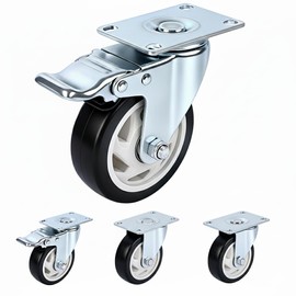 4 Inch Industrial Plate Casters, 2 Rigid & 2 Locking PU Wheels, Set of 4