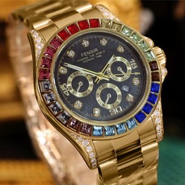 Luxurious Men's Watch with Colored Crystal Dial and Gold Finish, Skeleton Design, Royal Style for Business and Casual Occasions, High-Quality Chronograph, Perfect Gift for Any Occasion:_Gold Steel