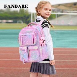 FANDARE Galaxy School Bags Children's Backpacks Casual Backpacks Ultra-Light Students Daypacks Bookbag for 4-9 Grade Daughter Son Travel Spring Outing with Plush Bear Pendant Waterproof Nylon Pink