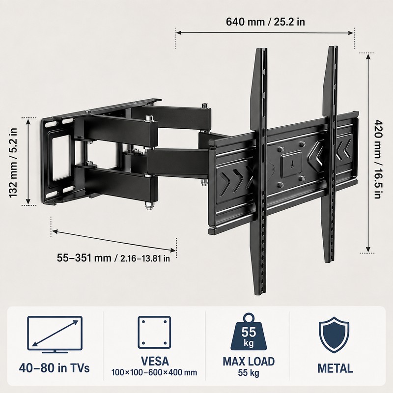 Full-Motion Dual-Arm TV Wall Mount for 40–80 Inch TVs, VESA