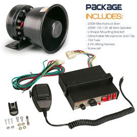 BooYu 12V 200W 9 Tones Police Warning Emergency Siren PA System [Black Steel Speaker][125-135dB][Handheld Microphone][Hands-Free][2 x 10A Switches] for Firefighter Ambulance Vehicles Truck SUV ATV UTV