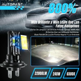 AUTOFAST Bombillas H7 Led Coche,240W 32000LM 6500k Focos H7 Para Faros Delanteros,Luces Led Para Auto 1:1 Tamaño De Reemplazo De Halógena,Blanco Luz Alta o Baja - 2 Piezas