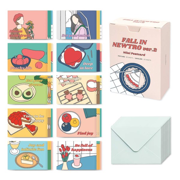 Monolike Mini Postcards Box Set - Paul Innutro Ver. 2, Postcards, Mini Postcard Fall in newtro ver.2, 50 Cards + 25 Envelopes, Beautiful Postcards, Rectangular Postcards and Design Verses
