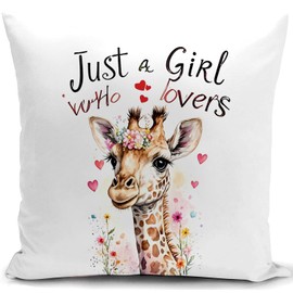 HUASHUZI Cushion Cover Giraffe Gifts for Women Just a Girl Who Loves Decorations Throw Pillow Case Decor Home for Livingroom Couch Sofa 18"x18"(45x45cm)