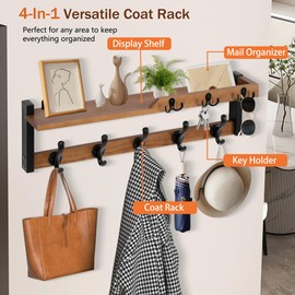 4 in 1 Coat Rack Wall Mount with Shelf, Coat Hooks for Wall 25.2" Entryway Coat Hanger Wall Mount with Key Hooks and Mail Holder, Wall Hooks with Shelf, Hat Rack for Wall Key Holder Mail Organizer