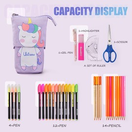 Maomaoyu Cute Cartoon Cat Stand up Pencil, Cat Pencil Case for Girls, Large Lightweight Canvas Holder for Kids Students Adults Girls Boys Presents, Purple Unicorn