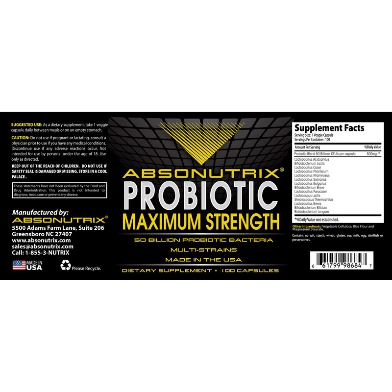 Absonutrix Probiotic Maximum Strength 50 Billion Per Capsule Multi-Strain 100