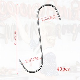 Kapokr Pack of 40 Meat Hooks S Hooks Stainless Steel 13 cm Meat Hooks S-Hooks Smoking Hooks for Meat Processing Metal Hooks for Bathroom, Bedroom, Office, Kitchen, Shop