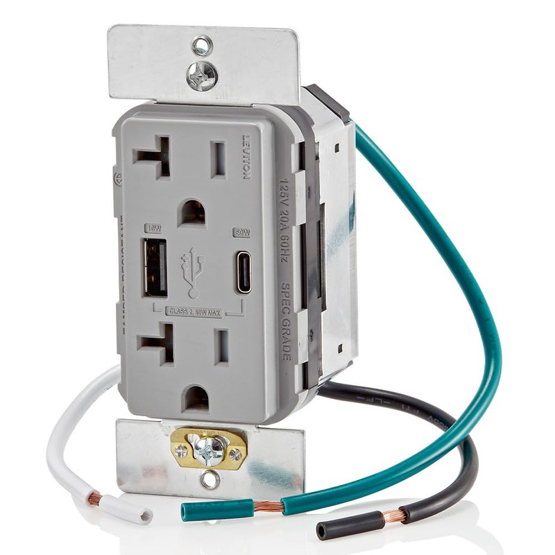 Leviton T5834-G 60W (20V@2.5A+ 5V@2A) USB Dual Type A/Type-C Power
