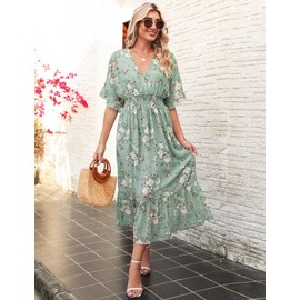 Meetrendi Women's Summer Bohemian Floral Printed Wrap V Neck Beach Party Flowy Ruffle Midi Dress Mintgreen