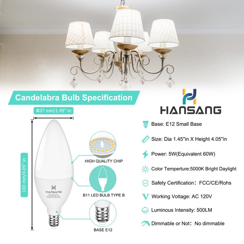 hansang E12 LED Light Bulbs 5000K Bright Daylight, 60W Type
