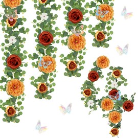 HOMENERGY 4 Pack 5.9 FT Artificial Flower Garland with Butterflies Fake Rose Garland Faux Greenery Eucalyptus Garlands for Wedding Table Backdrop Arch Centerpieces Decorations -Terracotta Burnt Orange