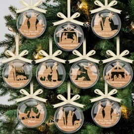 Cinnvoice 10pcs Clear Fillable Ornaments Balls Farmhouse Rustic Hanging Decorations Christmas Plastic Balls with Wooden Hanging Decorations for Tree Christmas Crafts Party(Wood Color,Jesus Nativity)