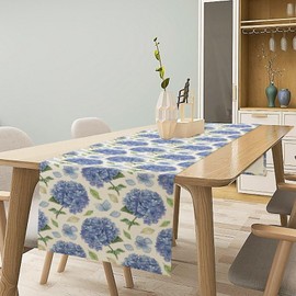 Camino de mesa de hortensias en acuarela, diseño de hojas azules, primavera, verano, temporada, mantel de tela, decoración de jardín, granja, boda, fiesta, día festivo, cena, hogar, 13 x 90 pulgadas