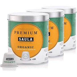 Saula Premium Pack of 3 Cans of 60 Compostable Capsules 100% Organic Coffee Nespresso® Compatible