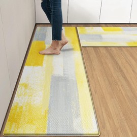 Arttown Gray Yellow Anti-Fatigue Kitchen Rug Set of 2 Office Contemporary Abstract Cushioned Kitchen Floor Standing Mat Waterproof Non-Slip Kitchen Mats and Rugs PVC Ergonomic Comfort Foam Rug
