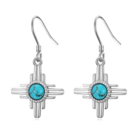 BETHZA Turquoise Zia Sun Symbol Earrings for Women 925 Sterling Silver Genuine Turquoise Sun Dangle Drop Earrings New Mexico Boho Style Jewelry Gifts for Mom Wife Girlfriend