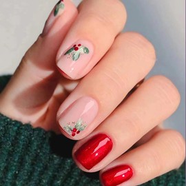 Nail Tip, Short, 24 Pieces, False Nail Tip, Red, Flowers, Skin Color, Popular, Japanese Style, Cute, Simple, Fashionable Party, Autumn, Spring, Summer, Daily Life, Bridal Nail Tip, Coming of Age