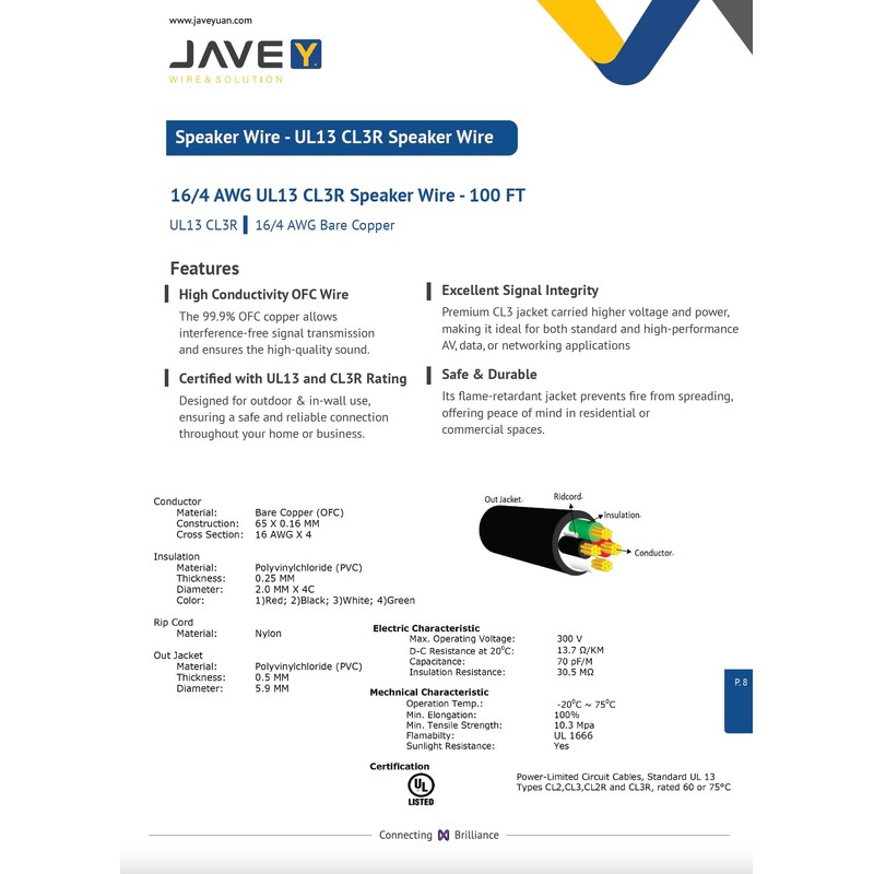 JAVEX 16/4 UL13 CL3R/CL2R Rated Speaker Wire (100FT), 16-Gauge AWG
