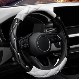 YOGURTCK Cute Diamond Soft Leather Anti-Slip Steering Wheel Cover with Bling Bling Crystal Rhinestones, Universal 15 Inch for Women Girls, Fit Vehicles, Sedans, SUVs, Vans, Trucks - Black and White