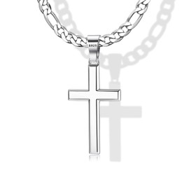 Thunaraz 925 Sterling Silver Cross Necklace for Men Women | 5mm Strong Diamond-Cut Stainless Steel Figaro Link Chain Crucifix Pendant Necklace | 26 Inches Womens Mens Cross Chain Necklace Jewelry