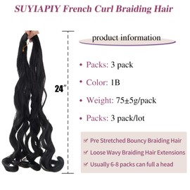 SUYIAPIY French Curl Braiding Hair Pre Stretched Bouncy Braiding Hair- Synthetic Crochet Hair For Boho Box Braids Loose Wave Crochet Braids Goddess Box Braids Senegalese Twist 24 inch (1b)