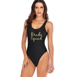 elightvap Women's Bride to Be Squad One Piece Letter Print High Cut Monokini Bridesmaid Team Swimsuit, Black- Bride Squad, Large