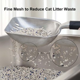 Cat Litter Scoop, Aluminum Alloy Sifter, Durable Metal Poop Scooper with Deep Shovel and Diagonal Holes, Long Ergonomic Handle, Black Handle for Easy Cleaning