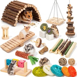 Leitee 30 Pcs Hamster Toys Set Small Animal Chew Toys Teeth Care Wooden Accessories Applewood Timothy Hay Mouse Toy Swing Seesaw Bridge for Guinea Pig, Chinchillas, Gerbils, Mice, Rats