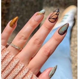 24Pcs Press on Nails Short Almond Fake Nails Lake 3D Blue Gradient Glue on Nails Glossy Butterfly Wings False Nails with Ripple Designs French Tip Acrylic Nails Cute Stick on Nails for Women