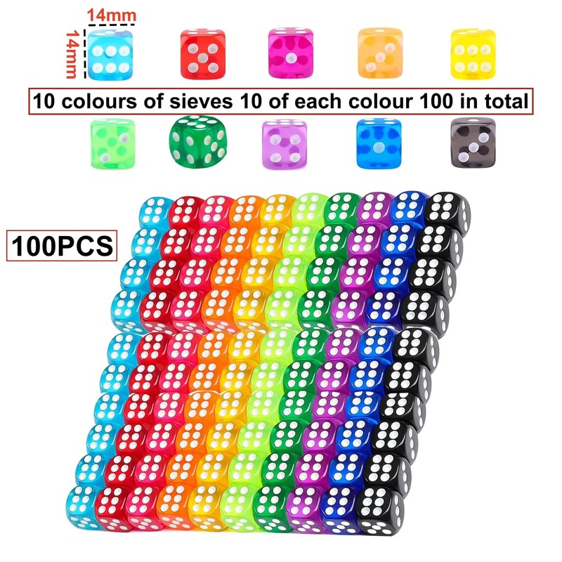 HAXIHA 100 Piece Dice, Translucent Colours Dice Set, 14 mm