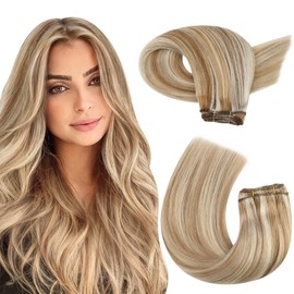 Moresoo Sew in Hair Extensions Human Hair Blonde Highlight Hair Wefts Human Hair Sew in Extensions Medium Brown Highlighted with Blonde Double Weft Human Hair Weft Extensions 16 Inch 100Gram