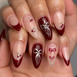 Red Press on Nails Almond Fake Nails French Tip False Nails with Bow Cherry Design Glue on Nails Wine Red Acrylic Nails Full Cover Stick on Nails Cute Artificial Nails for Women Winter Manicure 24Pcs