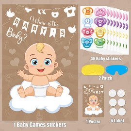 Atiloy Pin The Pacifier On The Baby Game Baby Pacifier Games Poster with 64 Pacifier Stickers for Baby Shower Party Favors, Boys and Girls Kids Birthday Party Supplies