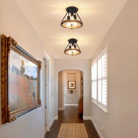 3-Light Semi Ceiling Light Fixture, Farmhouse Semi Flush Mount Ceiling Light with Wood Circle Shade, Industrial Black Close to Ceiling Lighting for Hallway Entryway Foyer Kitchen, E26 Base